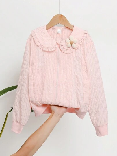 SHEIN Tween Girls Casual Textured Fabric Peter Pan Collar 3D Flower Decor Jacket, Spring/Autumn