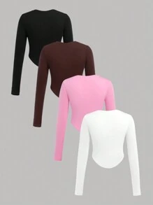 SHEIN 4 peças/conjunto adolescente menina decote em v bainha curva manga longa casual versátil camada de base camisetas de malha