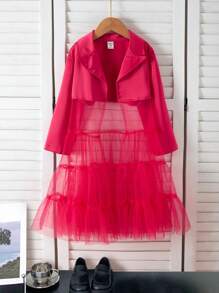 Chaqueta de manga larga con cuello rojo, dobladillo de malla, linda y juguetona, moda nueva para niñas jóvenes, conjunto a juego diario regular mamá e hija (2 piezas se venden por separado)