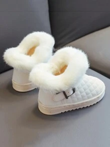 儿童女童一脚蹬鞋时尚，鞋口毛绒舒适，毛绒衬里和温暖的雪地靴表面柔软，鞋底柔软，适合室内和室外穿着 - 米色 - 查看 3
