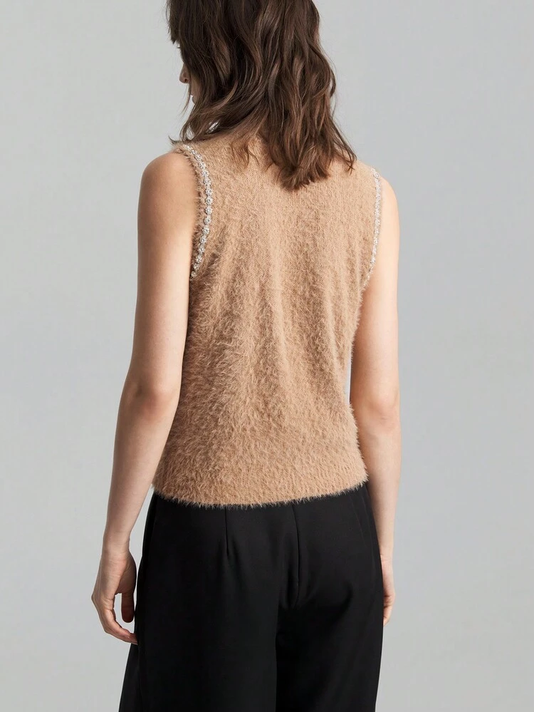 Women's Grey High Collar Sleeveless Sweater,Autumn Elegant Tea Party Sequin Design Sense Loose Comfortable Fashionable Outwear Solid Color Clothes