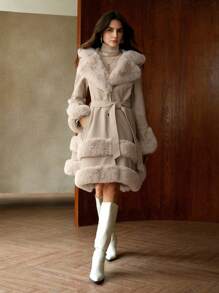 Anewsta Thickened Long Shaggy Fluffy Trimmed Fluffy Fluffy-Lined Women Regular Coat - Beige - View 5