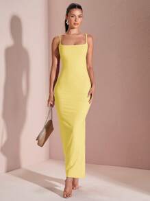 SHEIN BAE Đầm bodycon gợi cảm mùa hè đơn giản cổ vuông dây mảnh buộc chéo sau lưng - Màu vàng - Xem 6