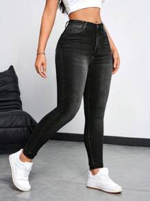 SHEIN Essnce Casual Washed Skinny Jeans - Grey - View 4