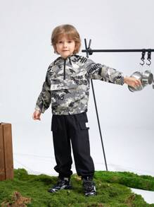 SHEIN Young Boys Casual Loose Camo Print Hooded Jacket + Thermal Lined Thickened Sweatpants Set