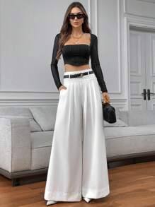 SHEIN Privé Pantalones blancos de pierna ancha y cintura alta para mujer - Blanco - Ver 7
