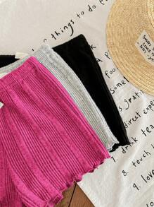 SHEIN LMoss Kids Conjunto de 6 piezas de top sin mangas con volantes en el bajo y shorts de unicolor tejido para bebé niña - Rosa Fucsia - Ver 3