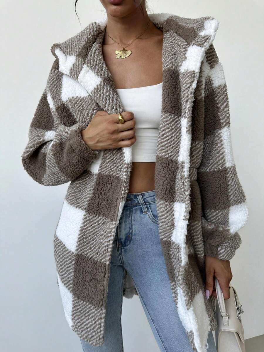 SHEIN Privé 女式泰迪羊毛纽扣连帽宽松常规外套,秋季秋冬服装 - 卡其色 - 查看 1
