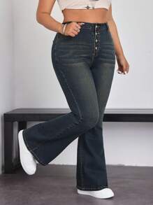 SHEIN EZwear Plus Size Đồng bằng Nút phía trước Túi Skinny Flare Leg Jeans - Rửa tối - Xem 2
