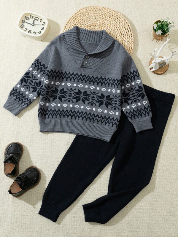SHEIN Conjunto de suéter de estilo universitario de punto jacquard para niño pequeño, para otoño/invierno, para Navidad