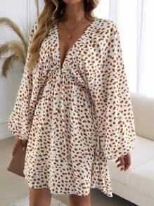 SHEIN LUNE Deep V Neck Lantern Sleeve Allover Print Cinched Waist Dress - White - View 1