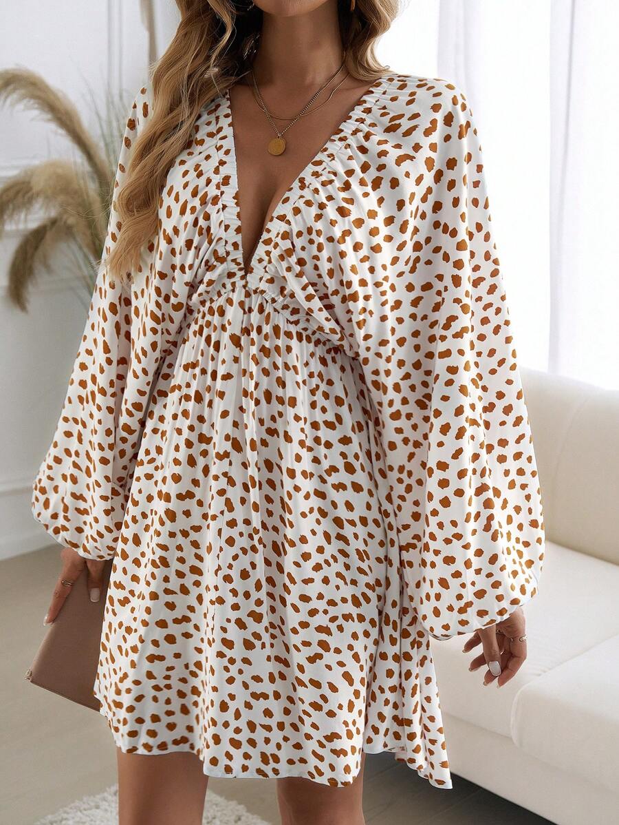 SHEIN LUNE Deep V Neck Lantern Sleeve Allover Print Cinched Waist Dress - White - View 1