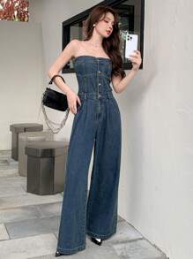 DAZY 女士无袖牛仔连身裤 - 深色水洗藍 - 查看 2