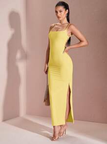 SHEIN BAE Đầm bodycon gợi cảm mùa hè đơn giản cổ vuông dây mảnh buộc chéo sau lưng - Màu vàng - Xem 3