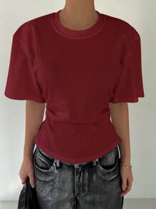 DAZY 女士夏季休闲纯色露背 T 恤 - 酒紅色 - 查看 5