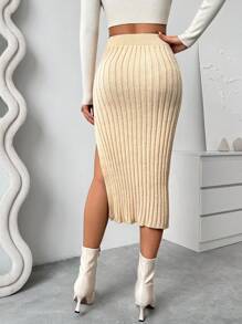 Chiquease 1pc Casual Button-Side Split Hem Knit Knitted Skirt,Spring/Autumn - Khaki - View 2