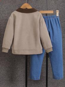 SHEIN 2-Piece Vintage Letter Print Young Boys Casual Loose Lapel Long Sleeve Fleece Jacket And Vintage Washed Denim Jeans Set