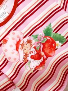 Strawberry Shortcake X SHEIN Tween Girl 1pc Áo thun dệt kim ngắn tay in hình hoạt hình sọc dễ thương và ngọt ngào, mùa hè - Đỏ và trắng - Xem 4