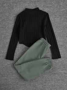 SHEIN Leap Crew 2 件套 Tween Girls 时尚针织圆领毛衣和休闲裤套装