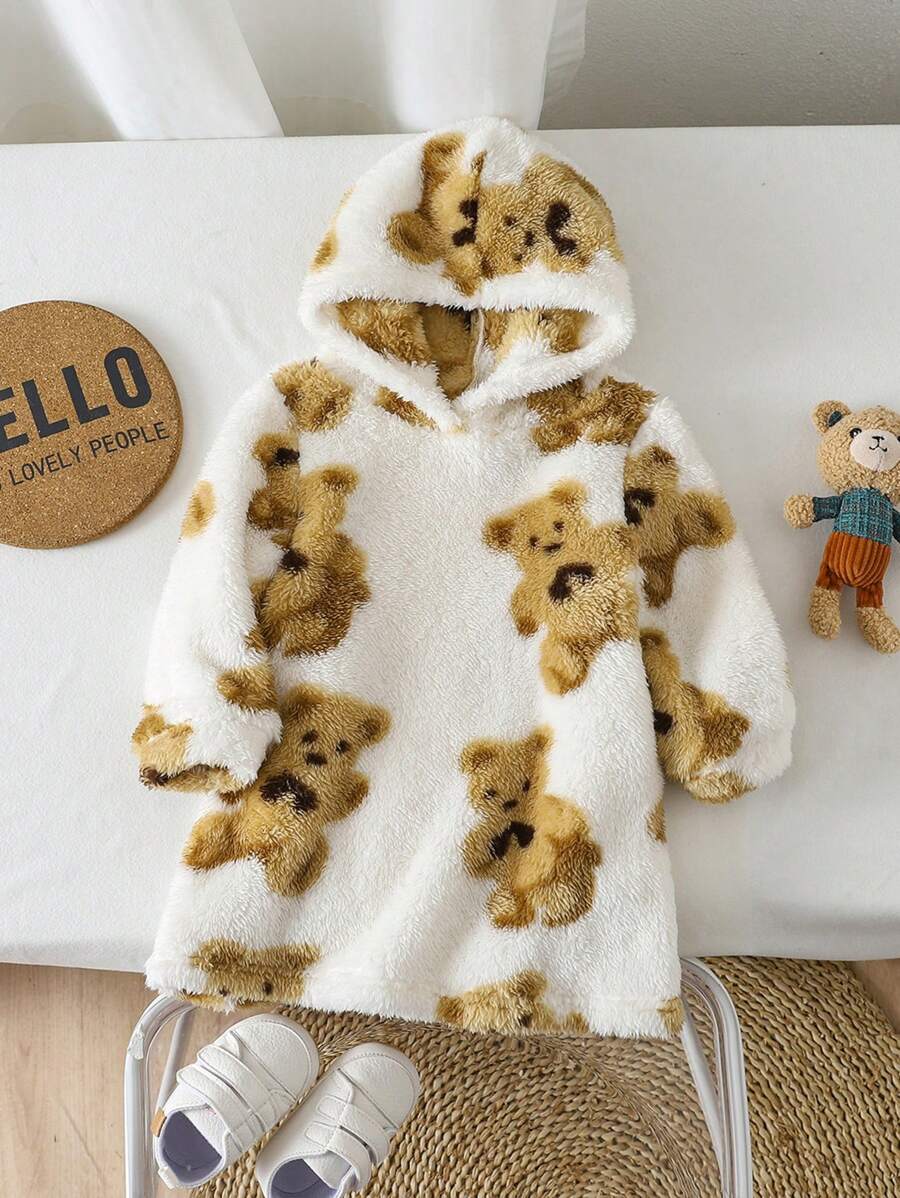 SHEIN Leap Crew Baby Girl Warm Fuzzy Cartoon Bear Pattern Hooded White Dress, Autumn/Winter - Multicolor - View 1