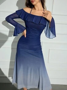 Modelyn 女士渐变色细肩带荷叶边优雅长袖连衣裙长款晚礼服 - 藍色 - 查看 6