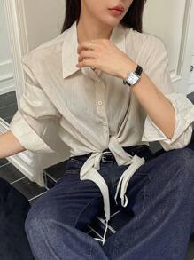 DAZY Loose Solid Color Long Sleeve Lapel Tie Front Women Blouse,Fall Clothes - Apricot - View 4