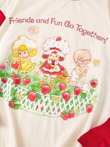 Strawberry Shortcake X SHEIN 大码休闲拼色红色草莓印花 T 恤，秋季返校季 - 米色 - 查看 5