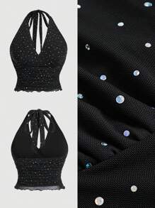 SHEIN MOD Áo yếm hở vai lưới đàn hồi lấp lánh dự tiệc màu đen cỡ lớn - màu đen - Xem 5