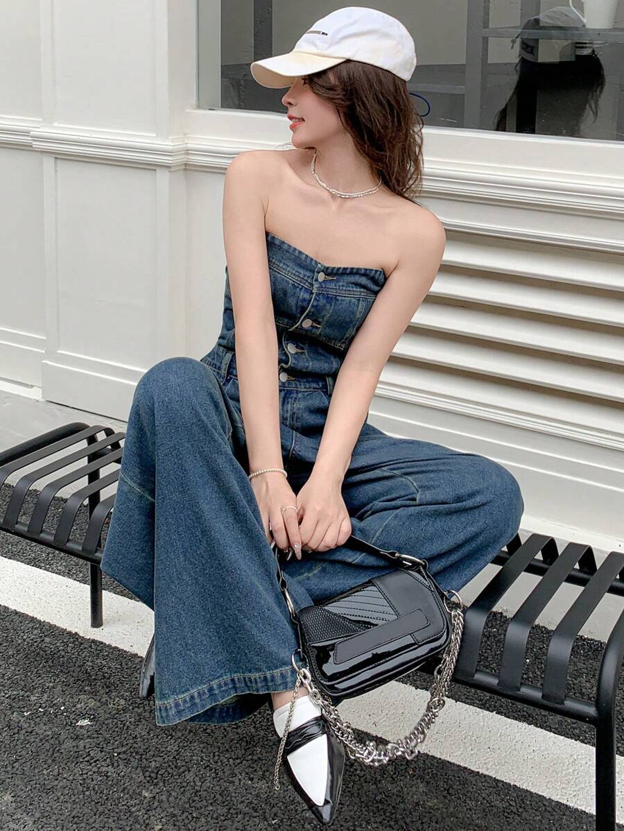 DAZY 女士无袖牛仔连身裤 - 深色水洗藍 - 查看 1