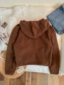 SHEIN LUNE Brown Hooded Long Sleeve Zip-Up Fuzzy Cardigan For Women, Warm & Cozy - Brown - View 2