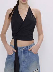 MUSERA Halter Neck Plunge Front Drape Detail Top Going Out Top Vacation Spring Summer Holiday - Black - View 4