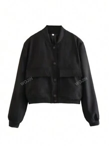 Chaqueta bomber casual de otoño para mujer TRAFZA con manga larga, unicolor retro, bolsillos y botones
