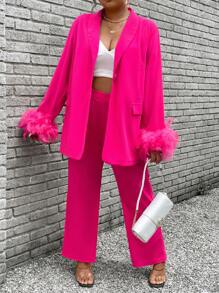 Maweii Plus Size Women's Feather Patchwork Long Sleeve Blazer And Jacket Set, Fashion Elegant Slim Fit - Hot Pink - View 5