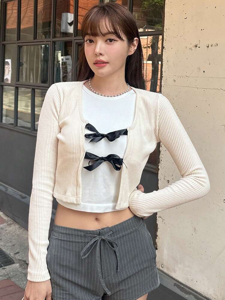 Ladies Solid Color Bow Cropped T-Shirt,Fall Clothes Long Sleeve Women Tops