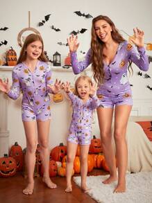 SHEIN Young Girl Snug Fit Halloween Themed Cartoon Pumpkin Print Long Sleeve Half Open Jumpsuit, Mommy And Me Matching Outfit (3 Pieces Sold Separately) - Purple - View 1