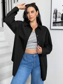 SHEIN Essnce 大码女式秋冬休闲豹纹连衣裙和长袖黑色衬衫两件套，秋季女装，衬衫套装，服装，返校衬衫，秋季女装套装，纽扣衬衫套装，教师服装 - 黑色 - 查看 6