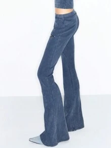 MUSERA Y2K High Waisted Zip Detail Ribbed Flared Trousers Thanksgiving - Blue - View 4