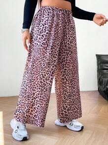 SHEIN EZwear Pantalon ample à jambes larges avec poches, en tissu tissé à motif léopard, taille haute, mode polyvalente pour les femmes grandes tailles pour un port casual et quotidien en été