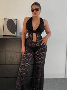 Flirla Plus Size Lace Halter Backless Jumpsuit - Black - View 5