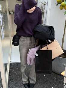 INAWLY Women's Solid Color Round Neck Drop Shoulder Long Sleeve Loose Casual Sweater For Fall/Winter Knit Pullover - Purple - View 5