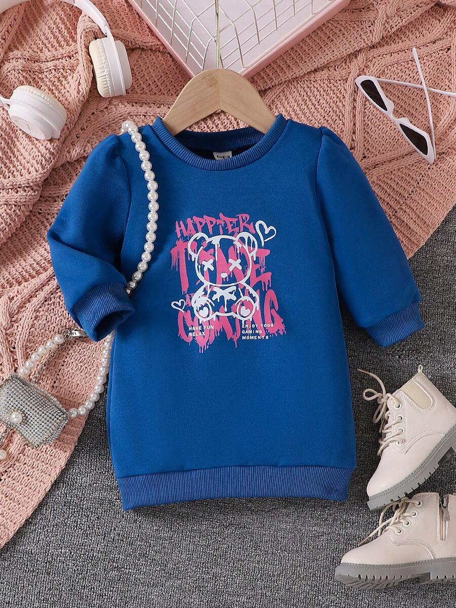 Infant Girls Casual Cool Bear Pattern Print Long Sleeve Loose Comfy Sweatshirt Dress, Spring Autumn - Royal Blue - View 1