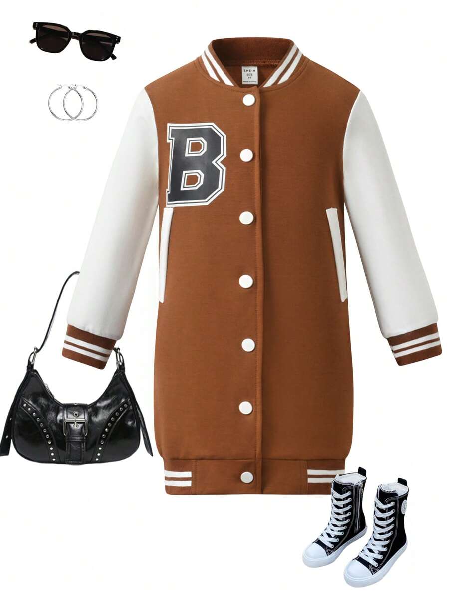 SHEIN فستان بلوك ألوان بطبعات بسيطة للفتيات الصغيرات - بني - مشاهدة 1