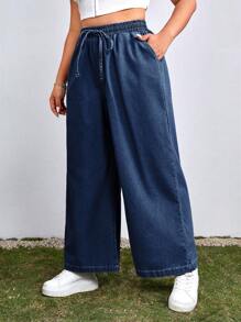 SHEIN EZwear Plus Size Lightweight Loose Waist Drawstring Boyfriend Jeans