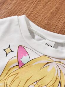 SHEIN 2 chiếc Tween Girls' Cổ Tròn Anime Dễ Thương Cô Gái & Gấu Bông In Áo & Quần Legging - Nhiều màu - Xem 7