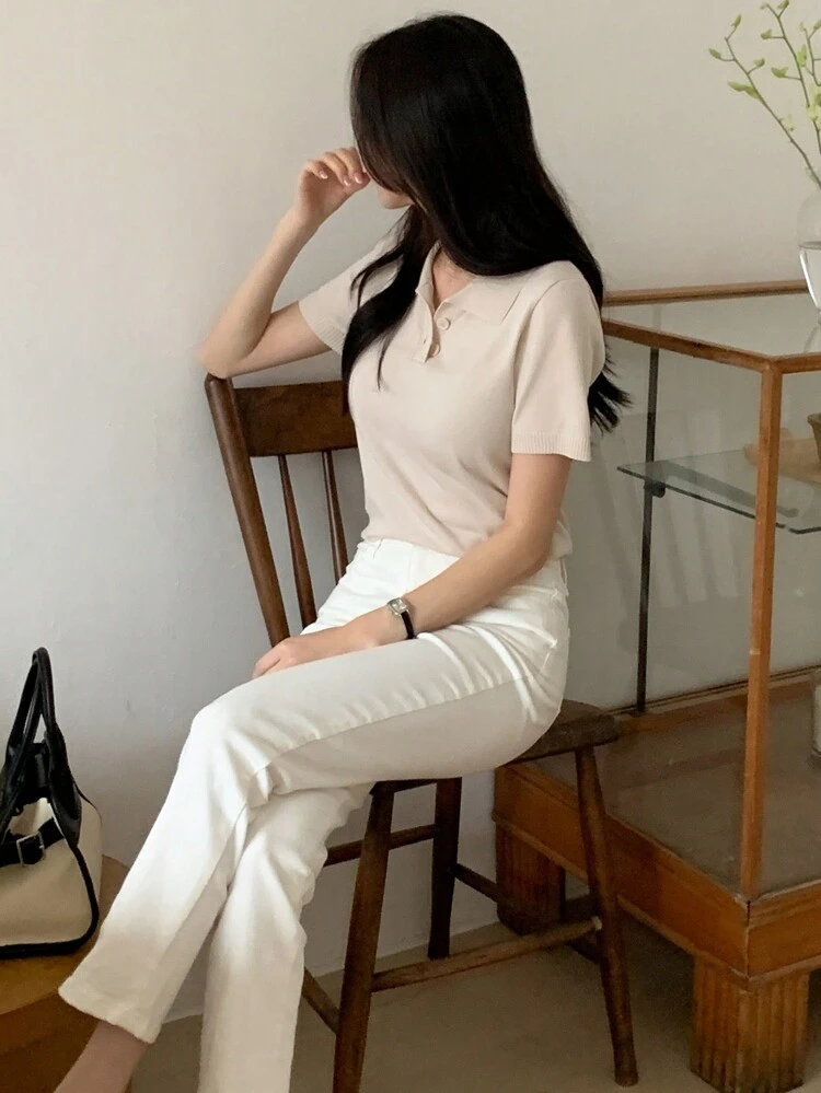 Women Business Casual Polo Collar Short Sleeve Knit Top