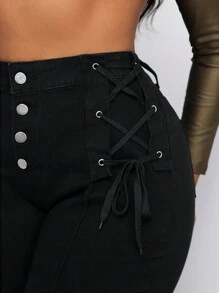SHEIN SXY Cộng với kích thước thường ngày Quần jean skinny có dây đeo chéo màu trơn - màu đen - Xem 3
