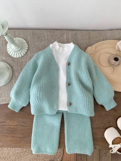 SHEIN LMoss Kids LMoss 女婴两件套开衫和阔腿裤针织装，适合秋冬季户外、休闲场合