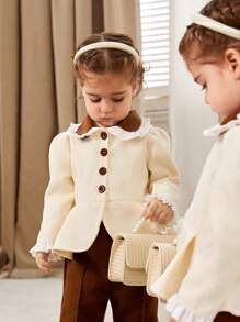 SHEIN طقم فتاة شتوي خريفي دافئ: معطف صوفي بياقة مكسرة و بنطلون مطوي 2 قطعة - متعدد الألوان - مشاهدة 5