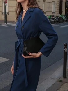 Chiquease Elegant Long Woolen Coat With Lapel, Suitable For Fall/Winter - Navy Blue - View 3