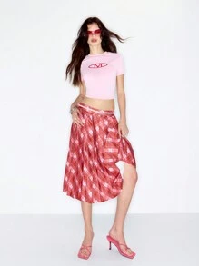 MUSERA Y2K Plaid Pleated Low Rise Midi Skirt Spring Summer Cute